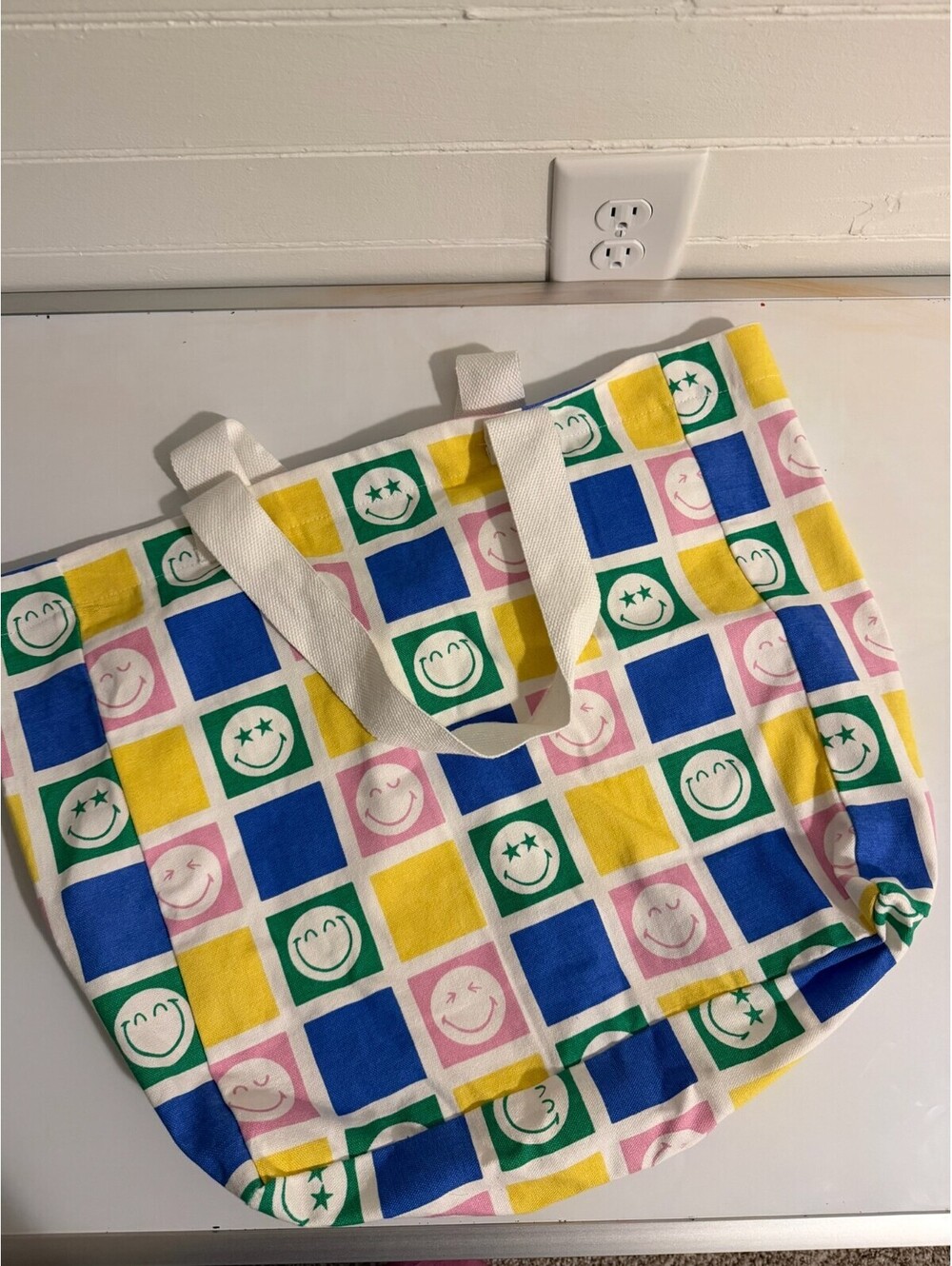 Smiley Face Checkered Canvas Tote